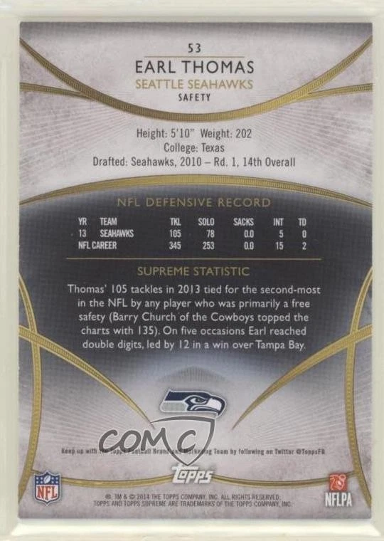 2014 Topps Supreme Blue /144 Earl Thomas III Earl Thomas #53 - Image 2 of 2