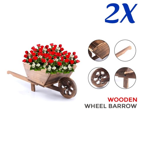 GARDEN MODERN WOODEN WHEEL BARROW PLANTER BURNT WOOD FLOWER CART ORNAMENTAL POT - Picture 9 of 9