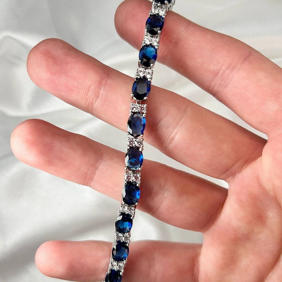 Sterling Silver Blue Lab-Created Sapphire Clear Topaz Tennis Bracelet Gift box - Image 2 of 3