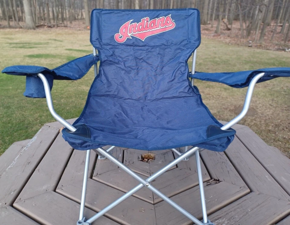 Indians Script Front /Chief Wahoo on Back Tailgate Quad Folding Chair Cup Holder - Image 2 of 4