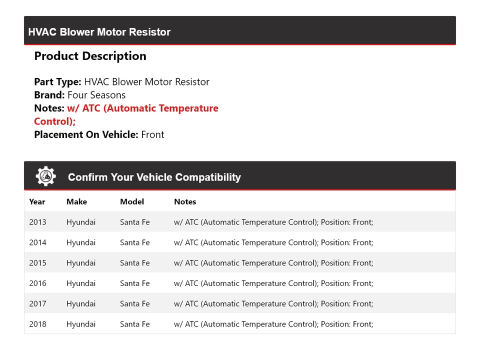 Soplador de climatización para Hyundai Santa Fe 2013-2018 resistencia del motor delantero 4 estaciones 2014 Foto 2 de 4