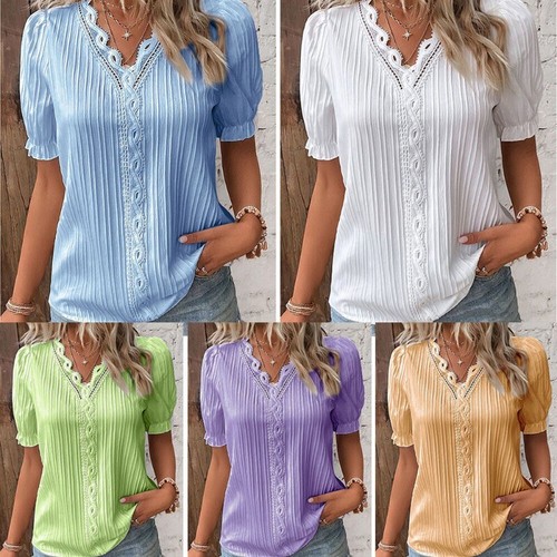 T-shirt donna estate collo a V donna casual camicia manica corta tunica top camicetta - Foto 1 di 15