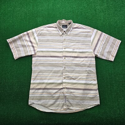 Greg Norman Shirt Mens Medium/Large Beige Striped Vintage Golf Outdoor Casual