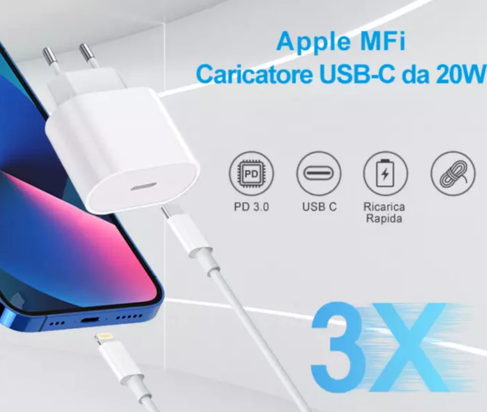 Caricatore Rapido USB-C 20W per Apple iPhone X/11/12/13/14 Pro Max/Mini con cavo - Immagine 3 di 4