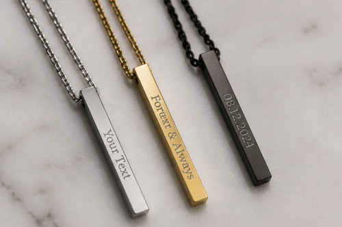Personalized 3D Vertical Bar Necklace • Custom Engraved 4 Sided Pendant