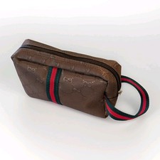 Gucci Style Cosmetic Bag Brown Monogram Travel Toiletry Pouch Red Green Stripe