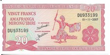 BURUNDI 20 Francs, P-27d, Uncirculated; 2007; features a dancer and Coat of Arms