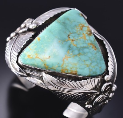 Vintage Silver & Turquoise Navajo Eagle Feathers Bracelet stamped AL 6E14W