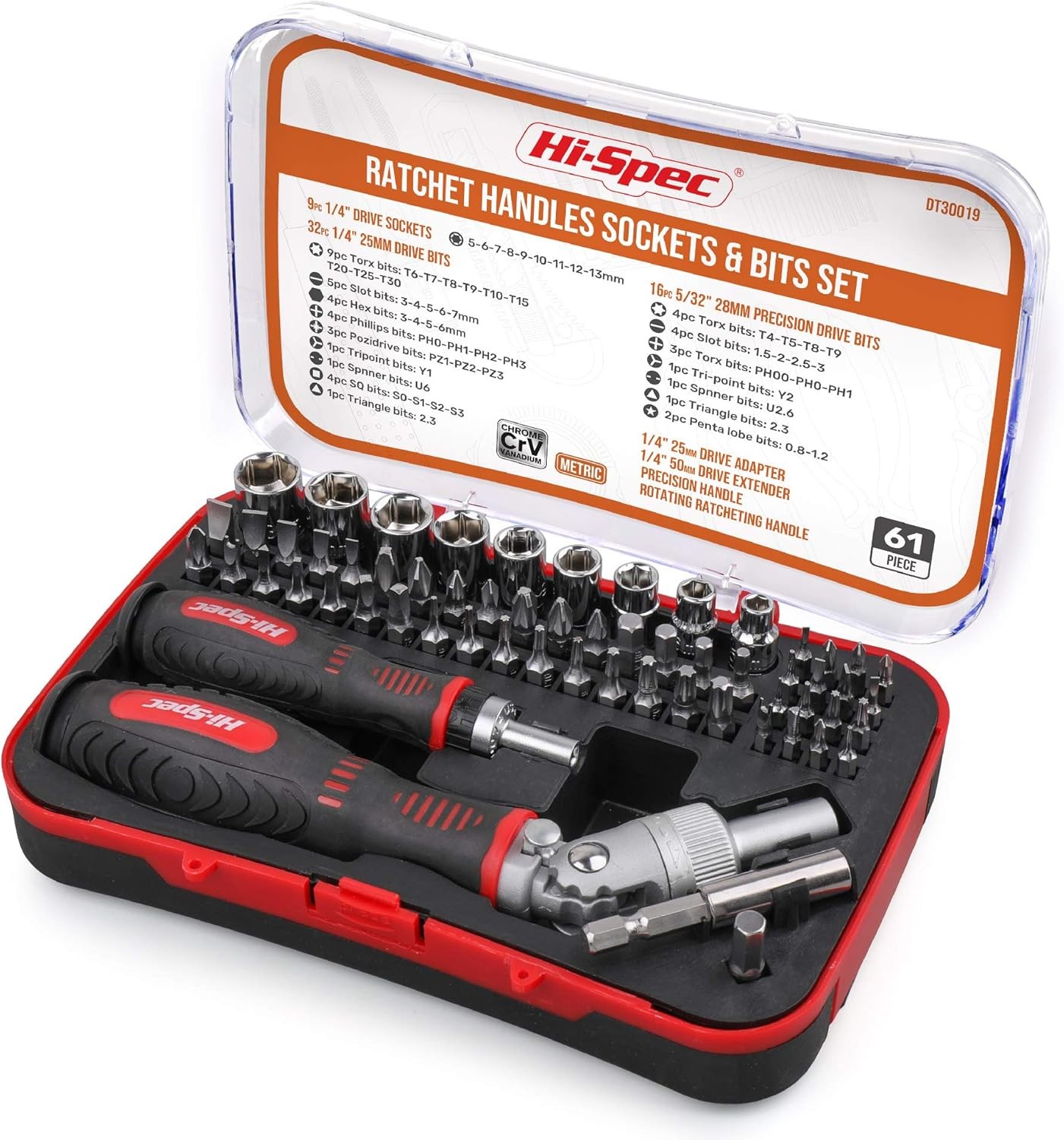 Hi-Spec 61pc 1/4” Hex Driver Bits & Socket Set with Right Angle Ratchet Handl