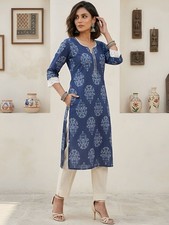 Indian Women Blue Pure Cotton Ethnic Motifs Printed Kurta Kurti Top Tunic Dress