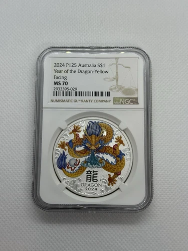 2024 Australia Lunar Year of the Dragon 1 oz Silver Yellow Facing Coin NGC MS 70