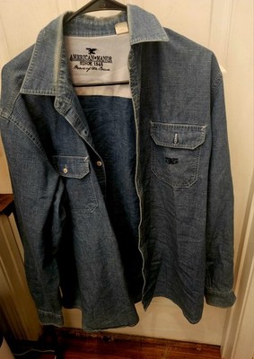 American Manor Denim Button Down Shirt Mens Blue Chambray Long Sleeve Casual Lge