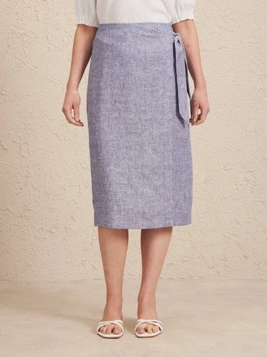 Jacqui E Midi Skirt Women’s AU 12 Blue Linen Sarong Wrap Tie Summer Work Office