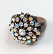 Vintage 1960s Dome Heavy Brass Ring With Aurora Borealis Rhinestone D 23.9mm