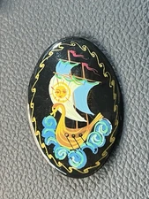 Vintage Russian Folk Art Brooch Pin Swan Boat Face Black Lacquer Handmade Signed