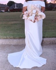 David's Bridal Off-Shoulder Sleeveless Sheath Wedding Dress 16W White 3880 Train