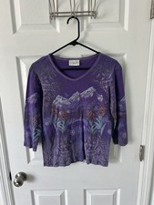 Cactus Bay Alaska Graphic Top Made in USA Purple Floral 3/4 Sleeve Y2K Vintage S