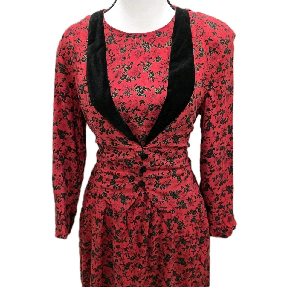 Vestido Miss Dorby Años 90 De Colección Para Mujer 8P Floral Cuello Terciopelo Manga Larga -Pradera Foto 2 de 4