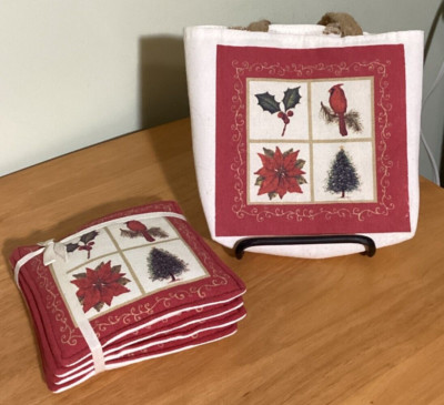 Alice's Home & Cottage Spiced Mug Mats Cardinal Tree Poinsettia Tote Set of 4