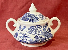 Vintage English Ironstone Tableware Old Willow Blue Two Handled Sugar Bowl Exc