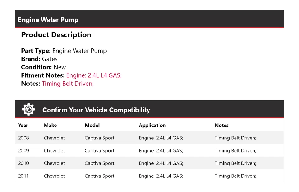 Para Chevrolet Captiva Sport 2008-2011 2,4 L L4 motor gas bomba de agua puertas 2009 Foto 2 de 4