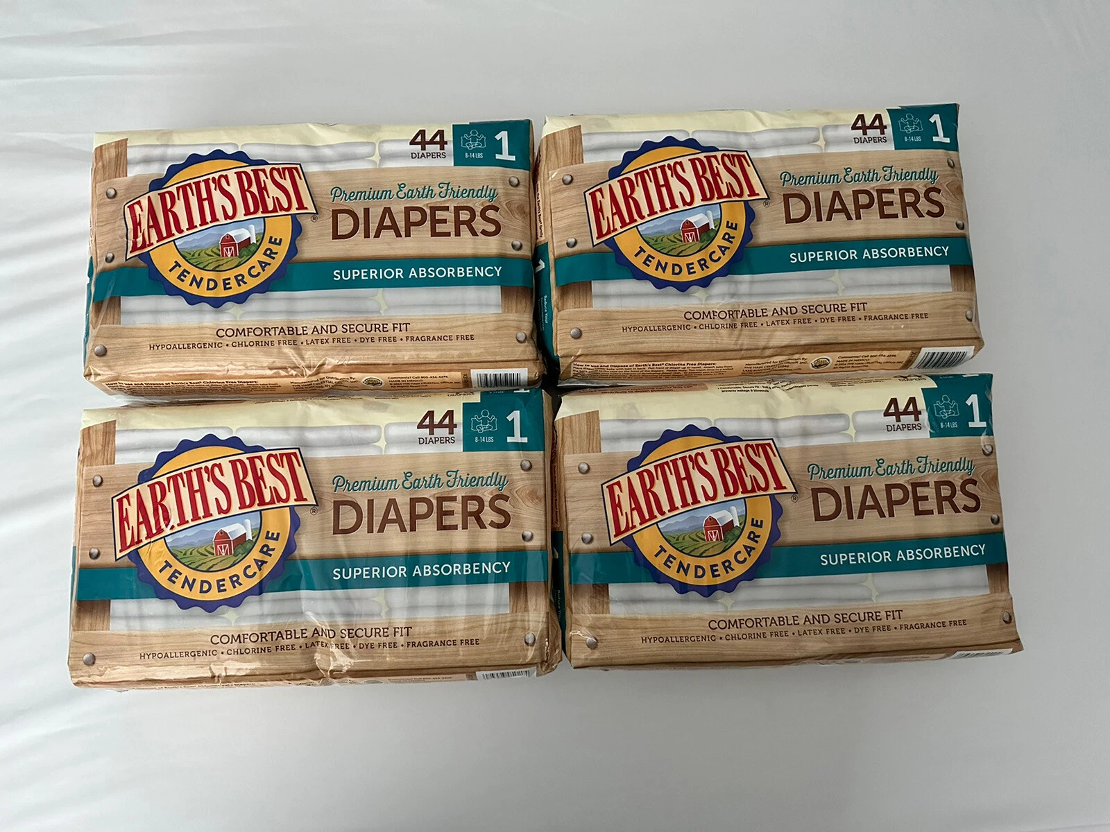 Lot of 4 Earths Best Diapers Size 1 Hypoallergenic 8-14lbs 176 Diapers Total