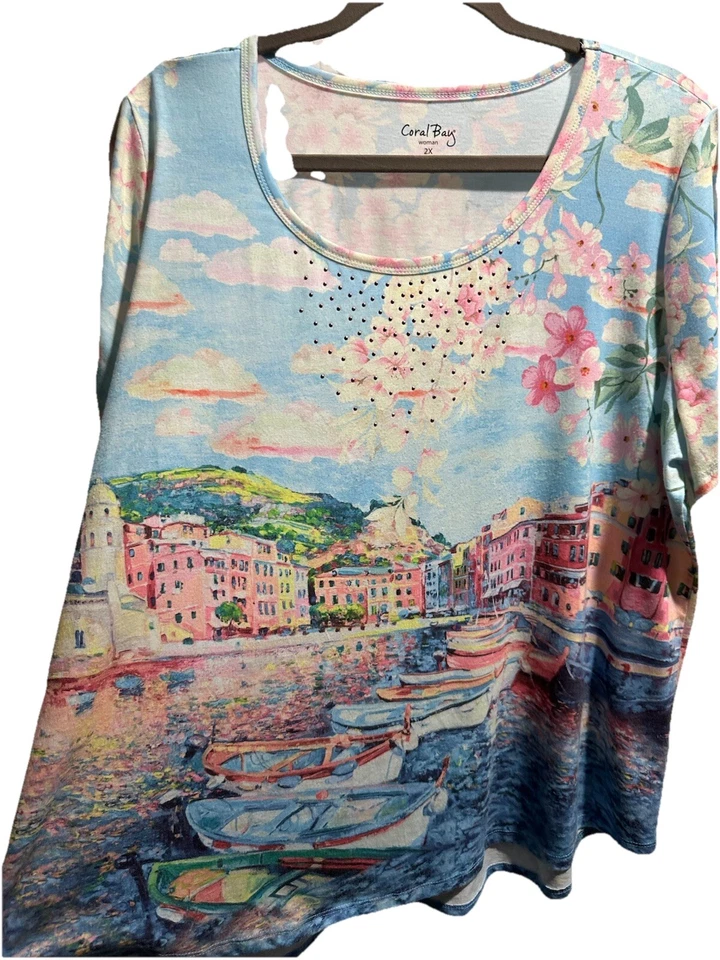 Коралловый залив приморские лодки живописный пейзаж коротким рукавом Топ 1 X 2 X цветной 48 x 28 - Изображение 2 из 3