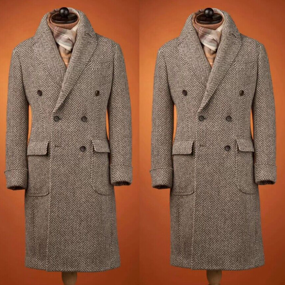 Vintage Brown Men Long Overcoat Tweed Herringbone Formal Business