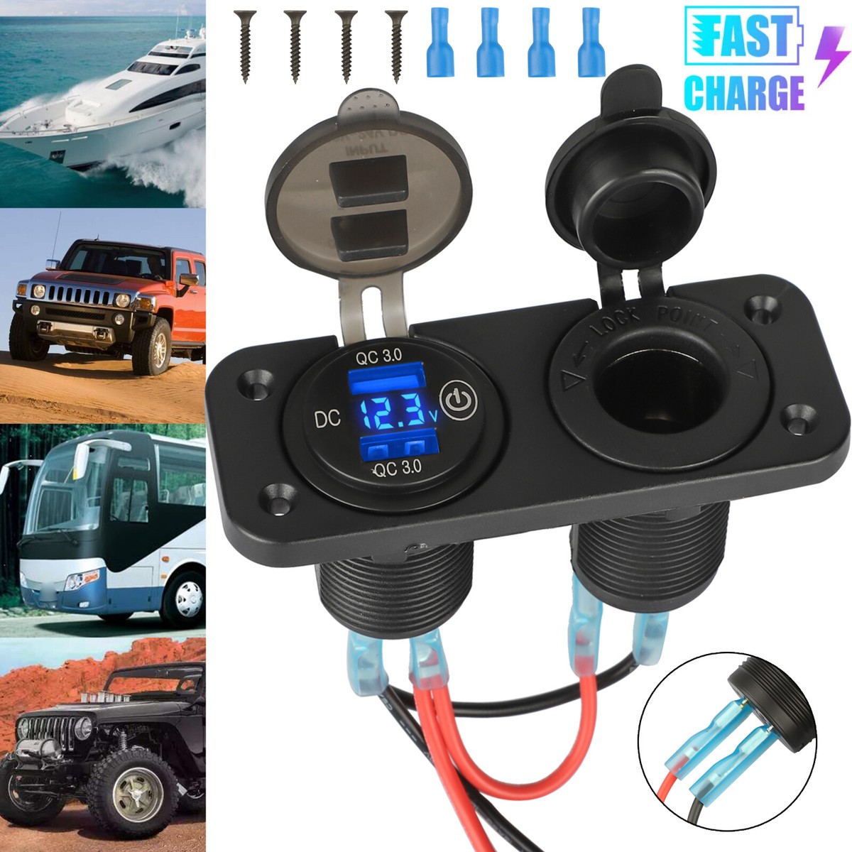 QC3.0 Dual USB Car Charger Cigarette Lighter Socket Power Adapter Outlet  12-24V