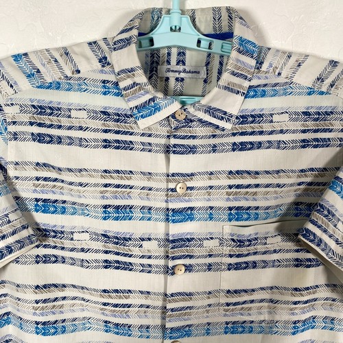 Tommy Bahama Shirt Mens Medium Beige Blue Island Zone Silk Hawaiian Camp Striped - Picture 2 of 9
