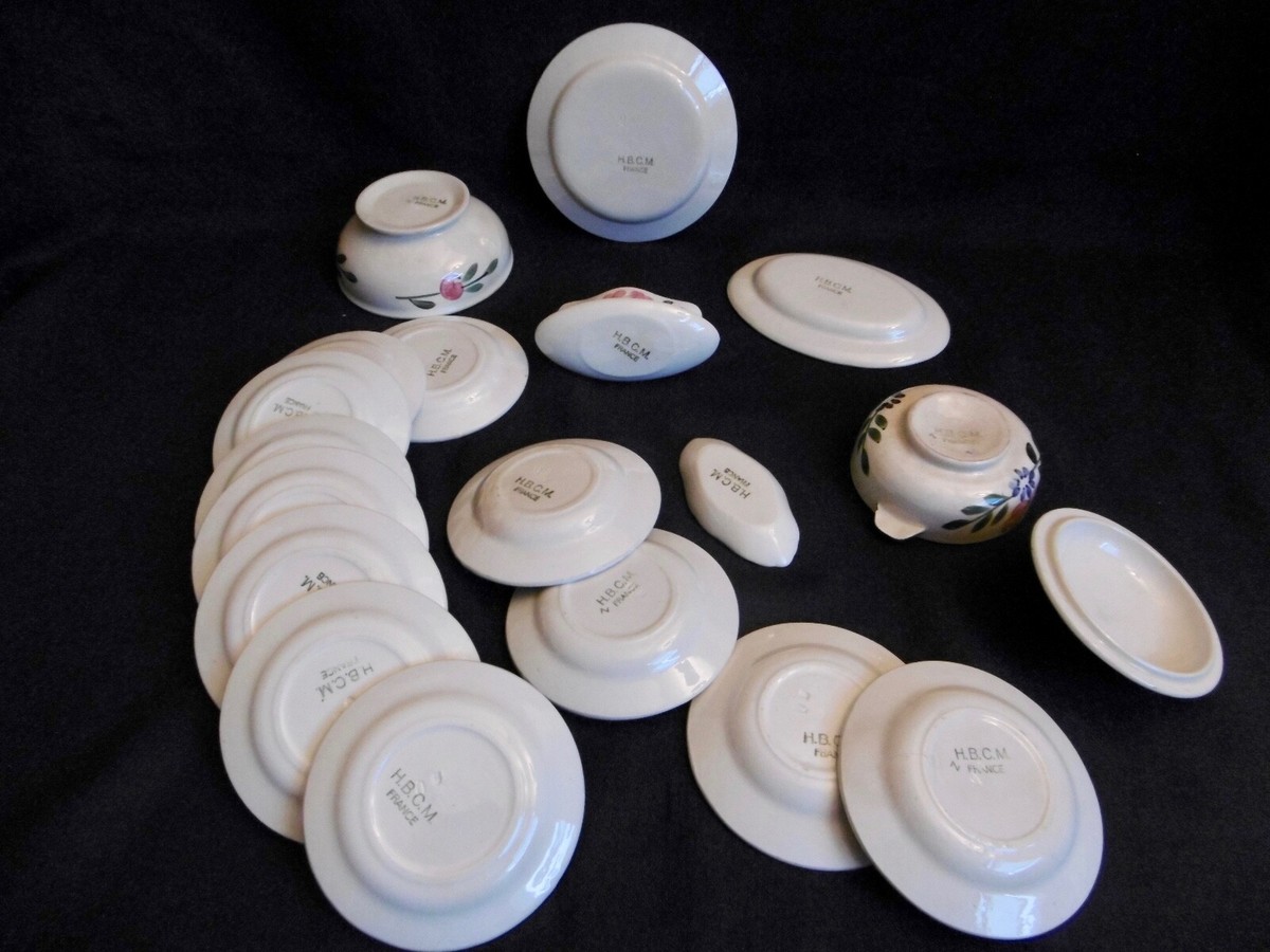 Dînette Ancienne HBCM Faïence Fine - 35 Pièces - Décor Au Pochoir - Années 1930
