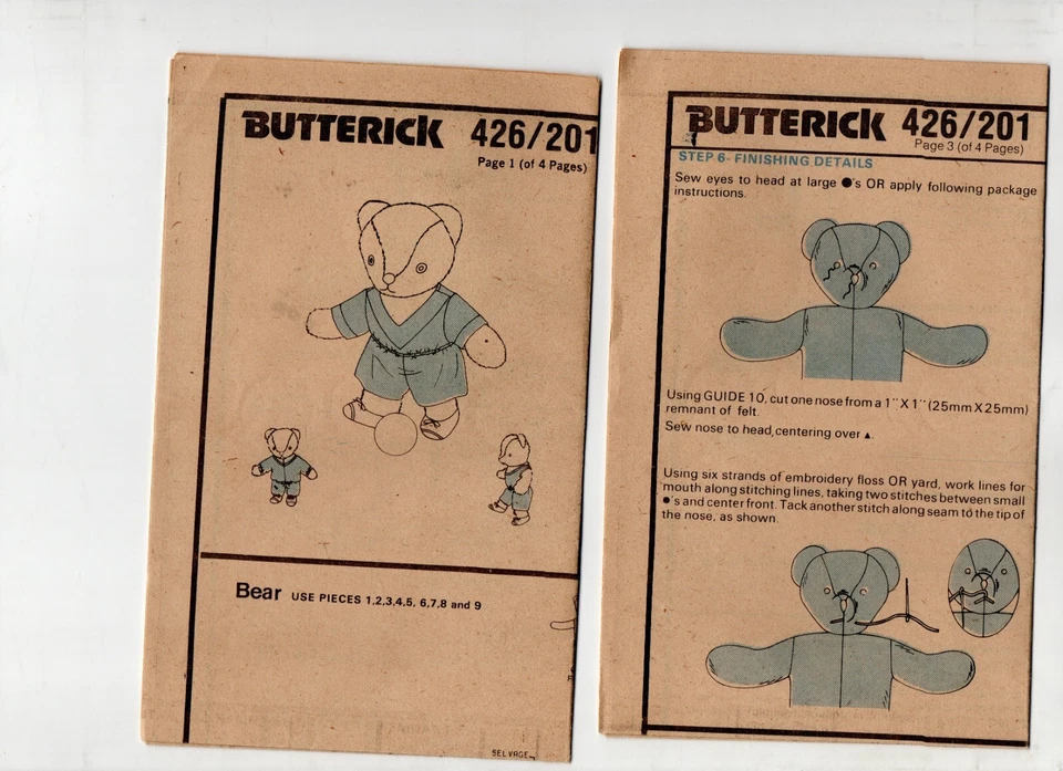 VTG BUTTERICK SEWING PATTERN 201, SOCCER SPORTS TEDDY BEAR 17" Cut, Complete - Image 3 of 3