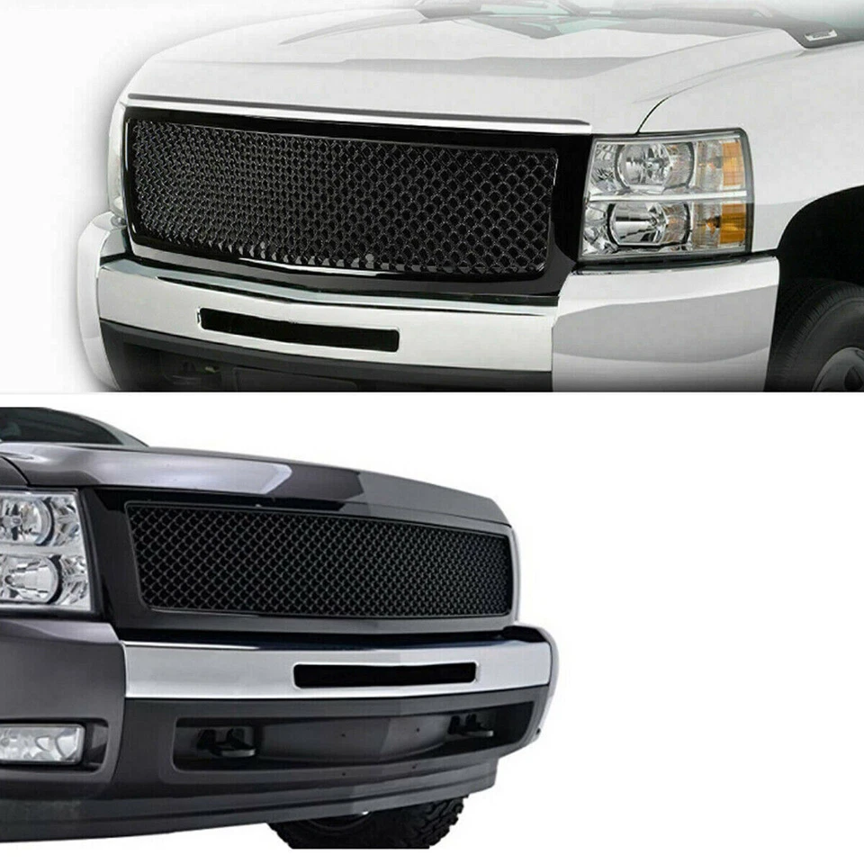 For 2007-2013 Chevrolet Silverado 1500 Gloss Black Front Hood Mesh Grille Grill - Image 2 of 4