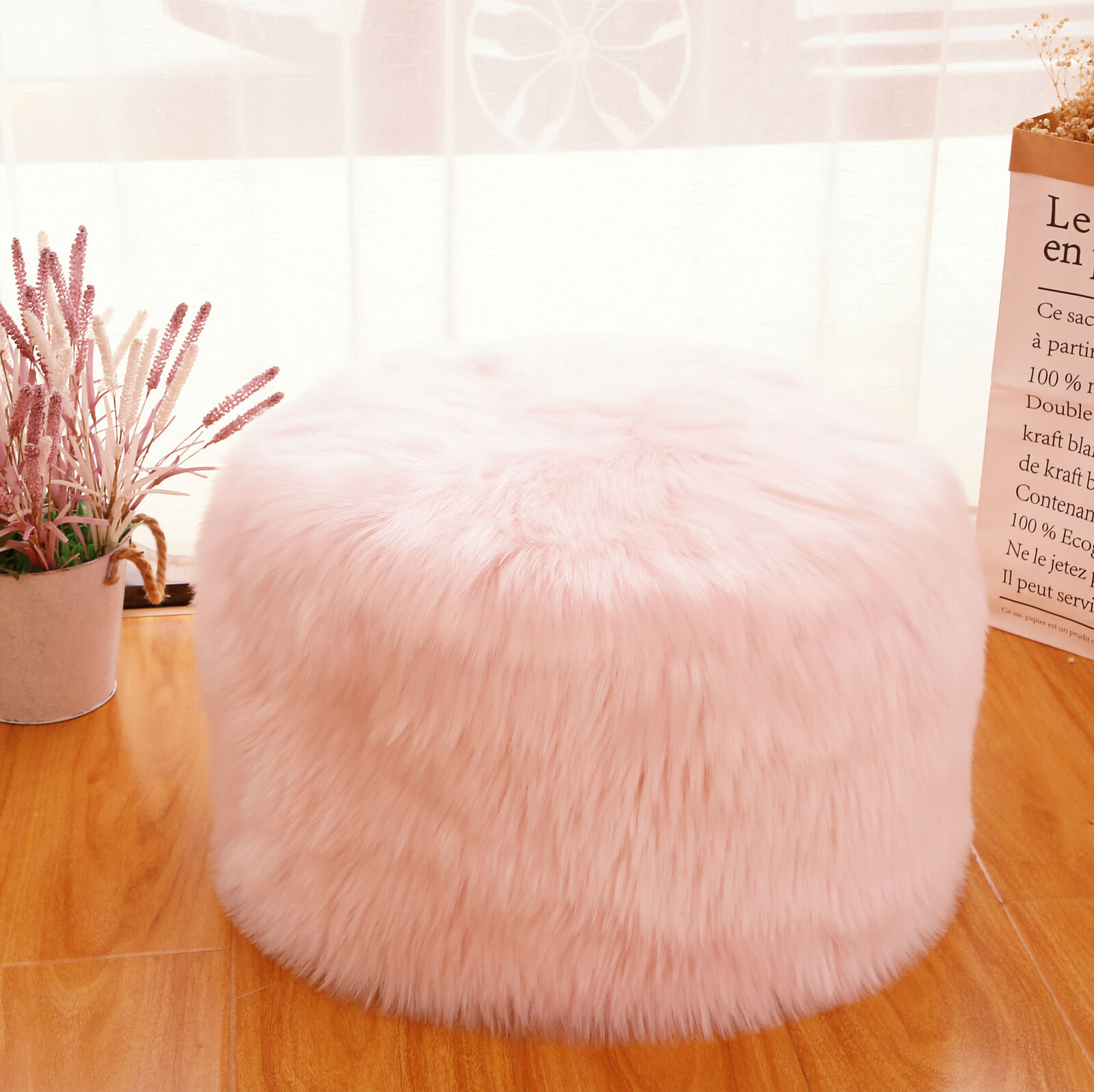 Fur Ottoman Stool Unstuffed Ottoman Pouf Covers 20x12" Round Poof Seat Foot Rest