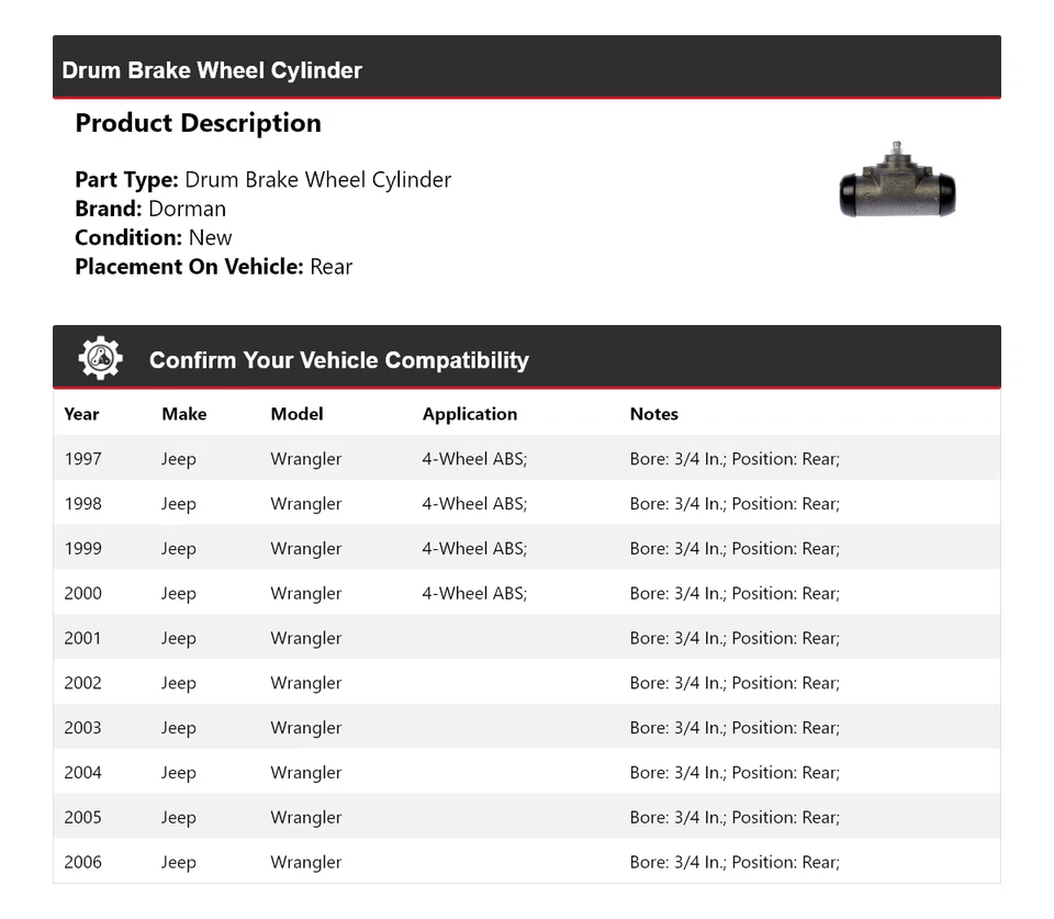 For 1997-2006 Jeep Wrangler Dorman Drum Brake Wheel Cylinder Rear 1998 1999 2000 - Image 2 of 4