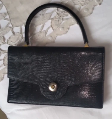 ancien sac à main noir cuir lézard véritable vintage 27 x 16cm - Photo 1/4