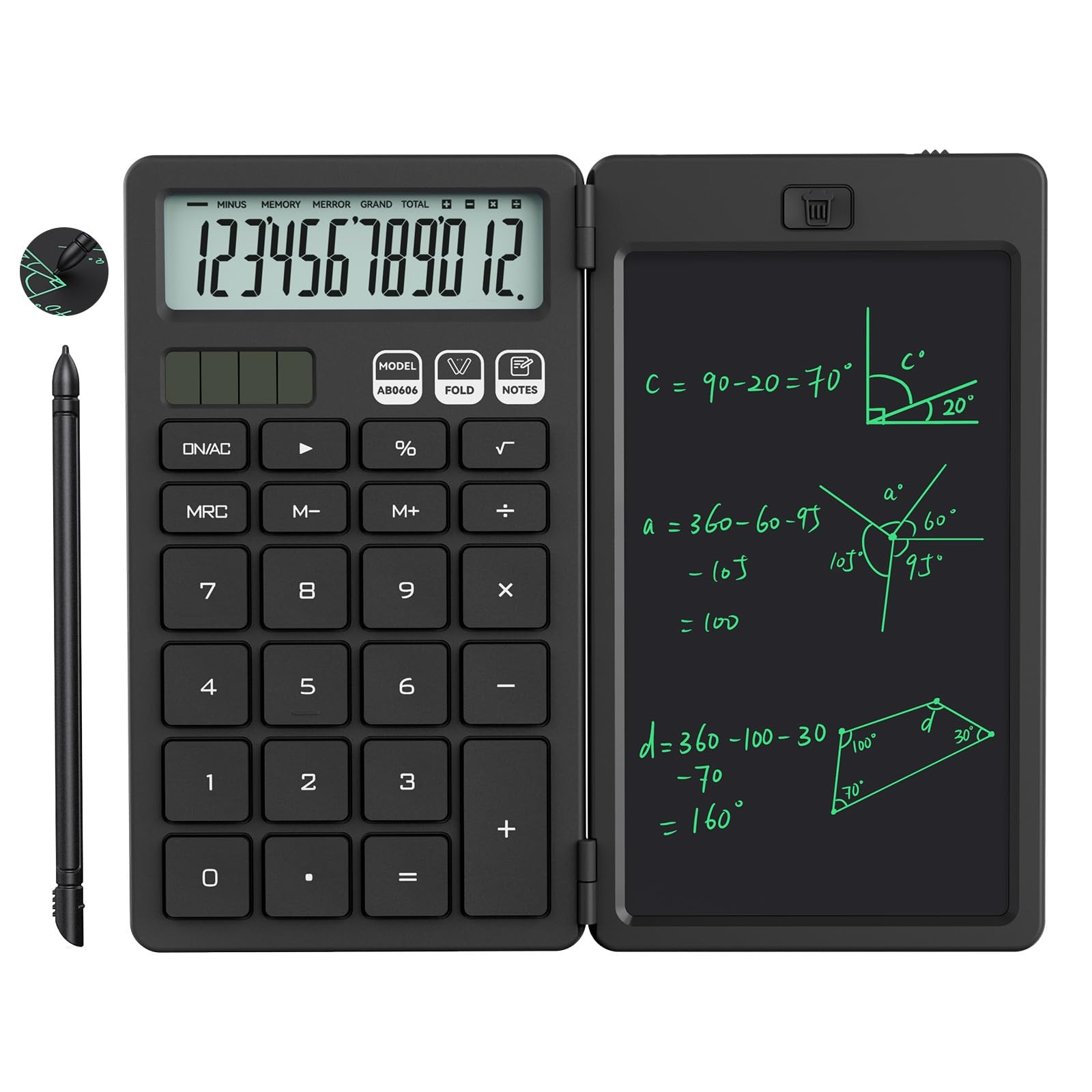NEWYES Calculator, with Writing Tablet and Pen, Solar & Battery Black-image