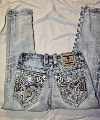 Rock Revival Malachi 29 X 28 Light Blue Slim Straight Jeans Men Embroidered