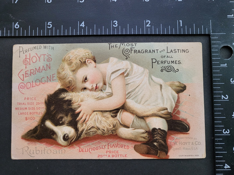 original victorian trade card beautiful child & dog advertising lasting perfumes