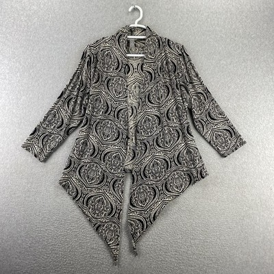 Chicos Travelers Size 1 Black Paisley Jacket Cardigan 3/4 Sleeve Acetate Top