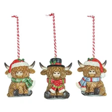 Highland Coo Cow Christmas Holiday Resin Trio Ornaments Hannas Handiworks