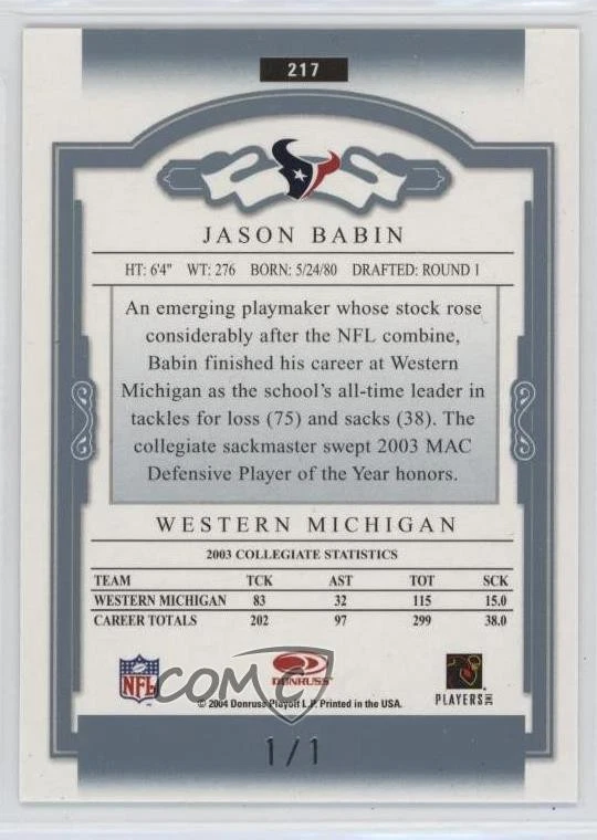 2004 Donruss Classics Timeless Tributes Platinum 1/1 Jason Babin Rookie RC nd3 - Imagem 2 de 3