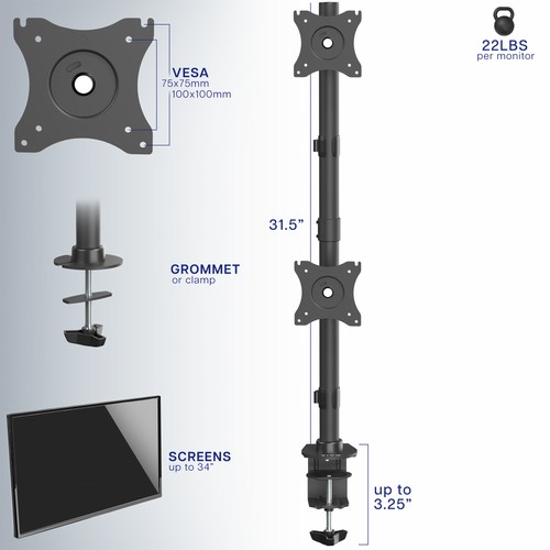 VIVO Dual Computer Monitor Desk Mount Stand, Vertical Array, 2 Screens up to 34" - 第 3/9 張圖片