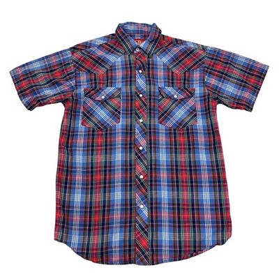 Walls Western Hemd Herren mittelblau perlmutt kariert Druckknopf Kurzarm Cowboy