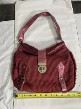 The Sak Burgundy Knit Shoulder Bag Faux Fur Trim Leather Strap Hobo Purse