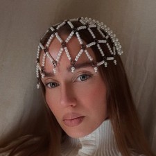 Women Rhinestone Head Hoop dress Nets Tassels Pearl Metal Jewel Hair Chain 01021