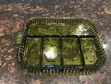 Indiana Glass Green Relish Tray Sectional Fruit Serving Dish Vintage