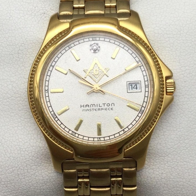Hamilton Masterpiece Watch Men 35mm Gold Tone Masons Date 8458 New