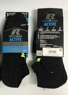 Russell DRI-POWER 360 Performance Active No-Show Socks, Black, Large, 6 pairs