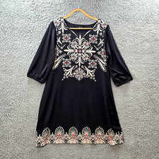 Stella Womens Shift Dress Size 12 Black Beige Red Paisley Stretch Knit